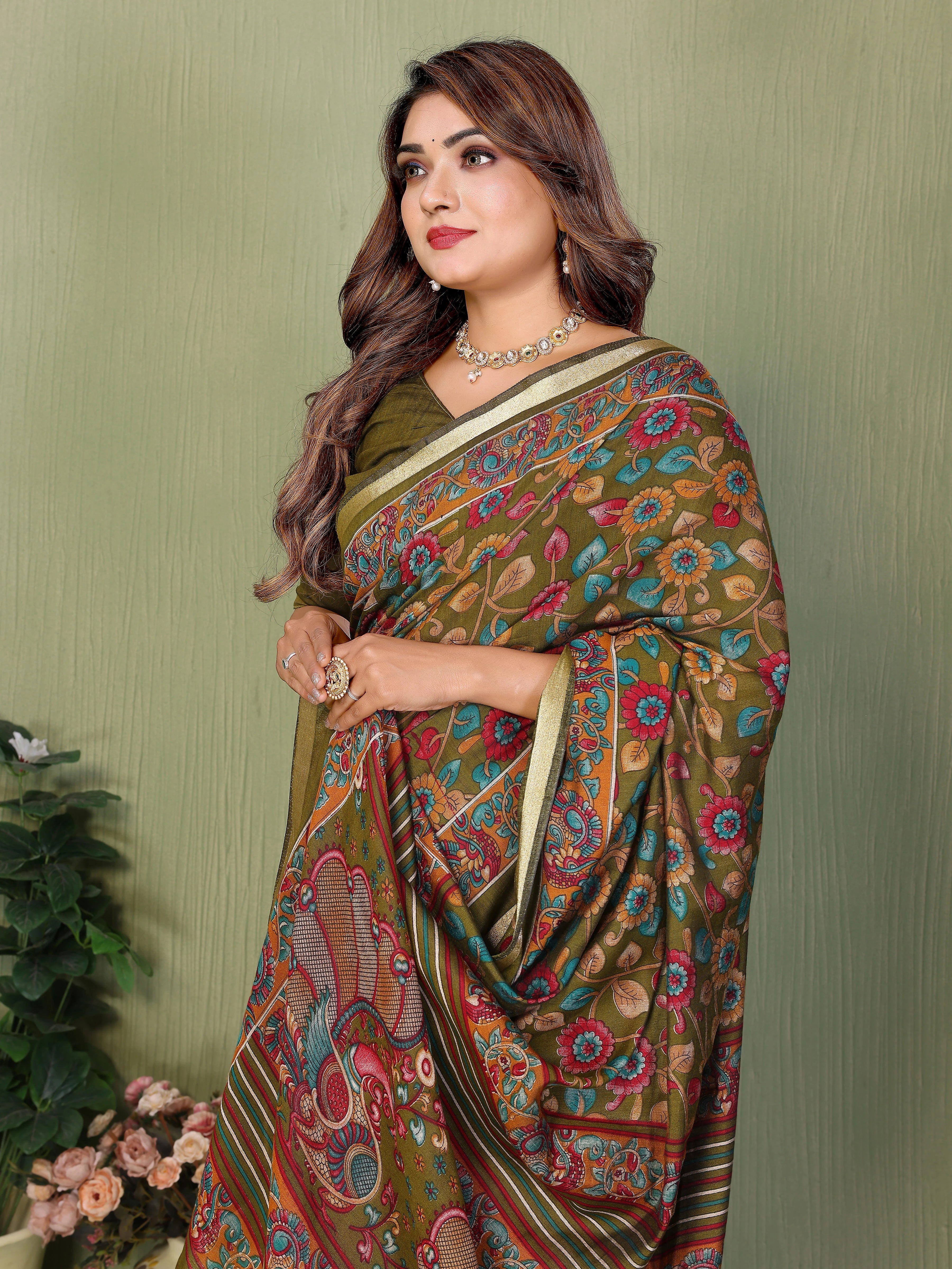 Mehendi Kalamkari Print Mul Cotton Saree – Kalyanja